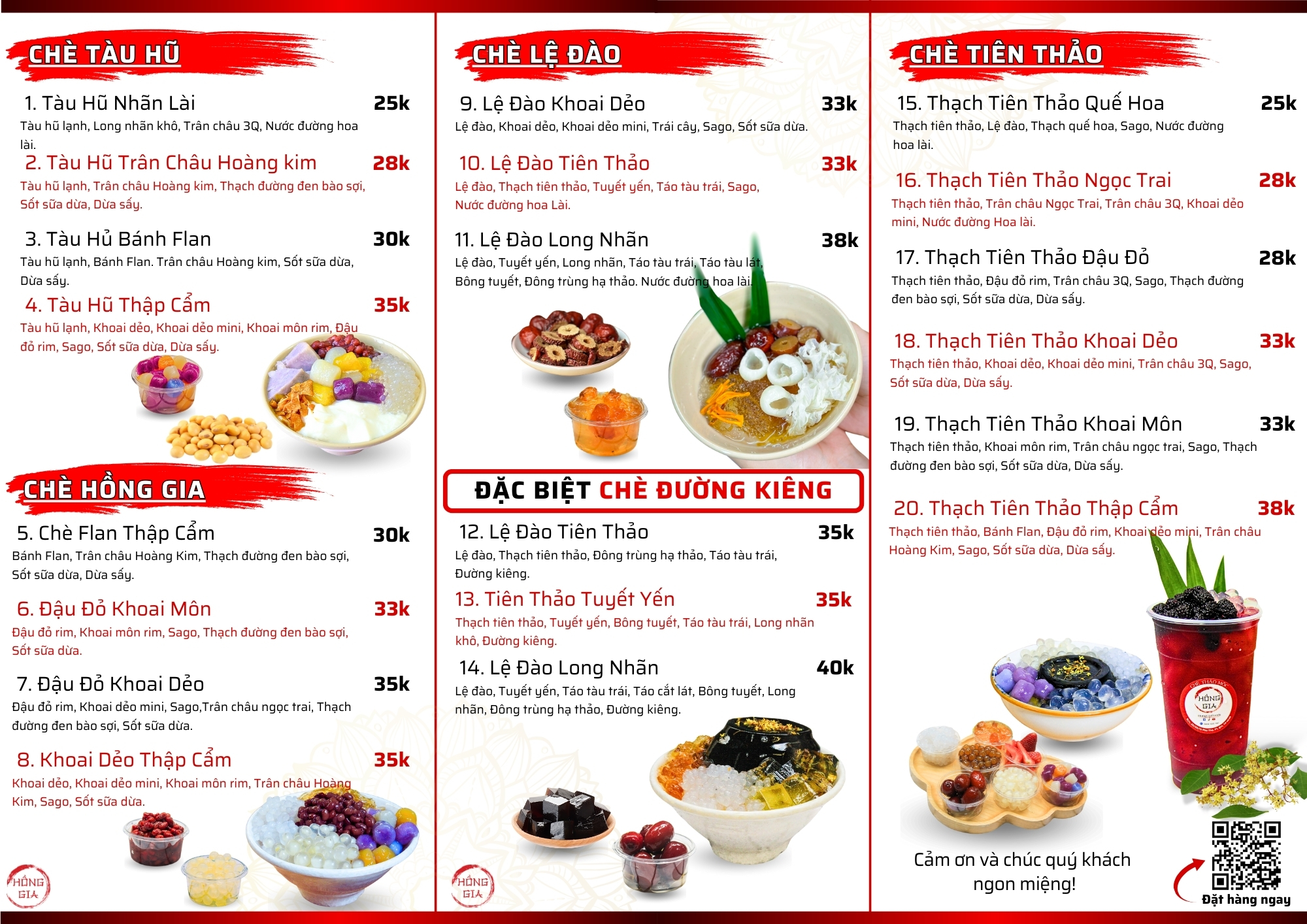 Menu chè Hồng Gia