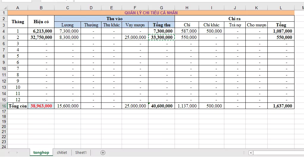 Cách lập bảng chi tiêu cá nhân trong 1 tháng bằng excel