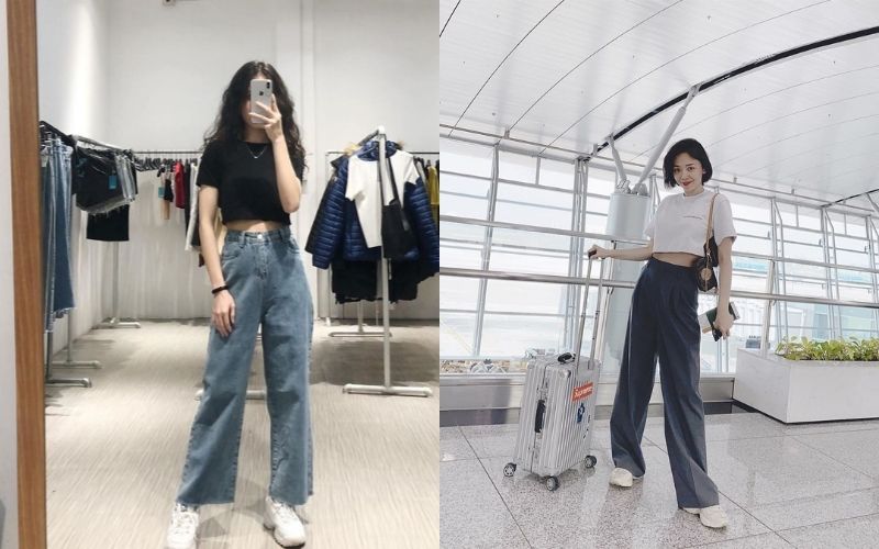 Phối quần ống rộng cùng với áo croptop